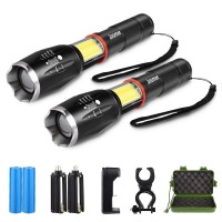 Tactical Flashlight 2 Pack - Torch Flashlight Handheld LED Flashlight - Ultra Bright Zoomable with 6 Modes - Battery & Charger & Bicycle Mount Included - Waterproof COB Flashlight for Hiking Camping