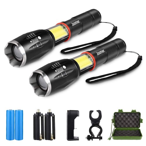 2 Pack Super Bright Tactical Flashlight Zoomable 6 Modes Waterproof Magnetic Base LED Flashlight with COB Working Light 18650 Rechargeable Battery & Charger & Bicycle Mount for Camping Hiking 