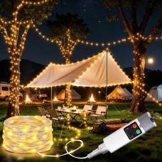 Joomer Camping String Lights, 33FT 100LED Rechargeable Outdoor Lights Waterproof, 13 Modes Camping Essentials Gear for Tent Awning Garden Patio Travel Decoration (Warm White)