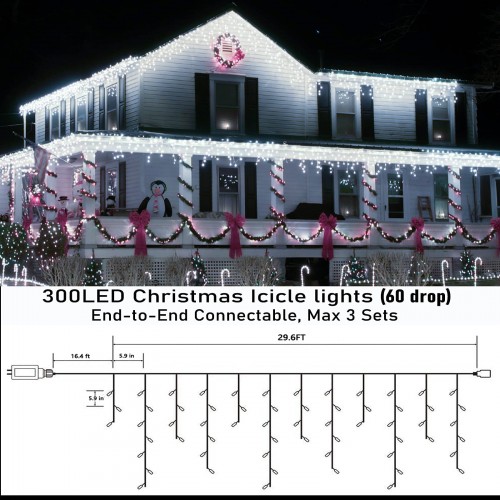 Joomer Christmas icicle lights 300 LED 29ft 8 Modes with 60 Drops